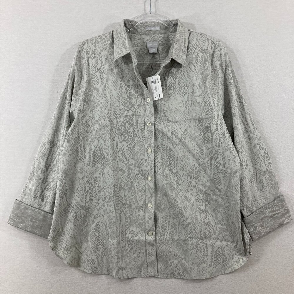New Chico's size 16 Gray Python Print No Iron All Season‎ Stretch Button Down